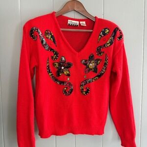 Marmie West Red V Neck Embellished Floral Sweater Angora Silk Blend Women L